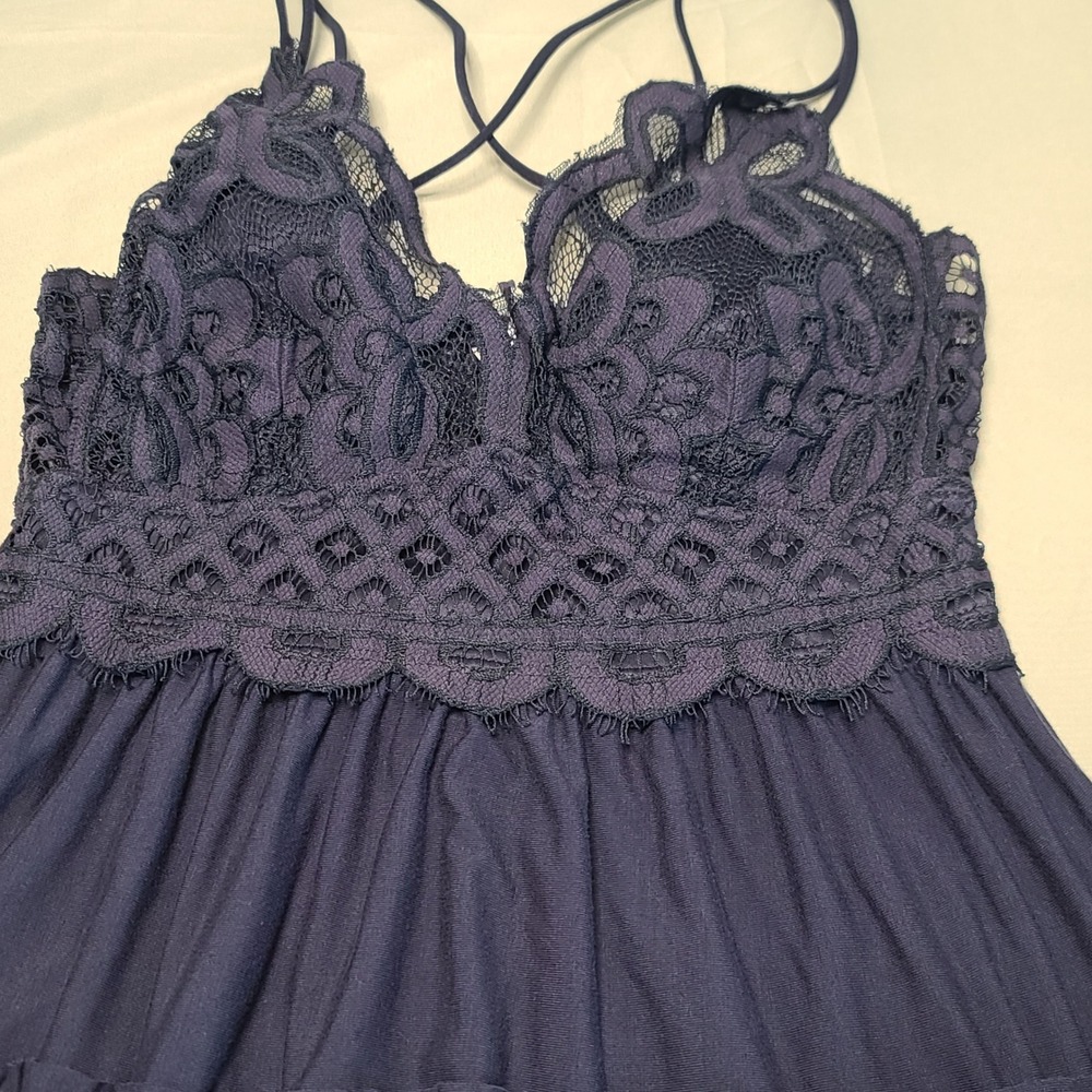 Boutique Tiered Lace Bodice Mini Dress Womens Small Navy Blue Boho Strappy Girly